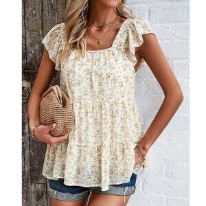 Floral Ruffle Sleeve Blouse Square Neck Tiered Top Casual Boho Shirt for Women